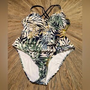 Hurley XXL one piece swimsuit tropical leaves botanical print crisscross  back